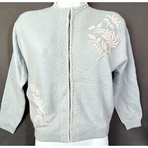 Vintage Hong Kong Blue Angora Wool Beaded Cardigan Sweater Size 40 Small FLAWS